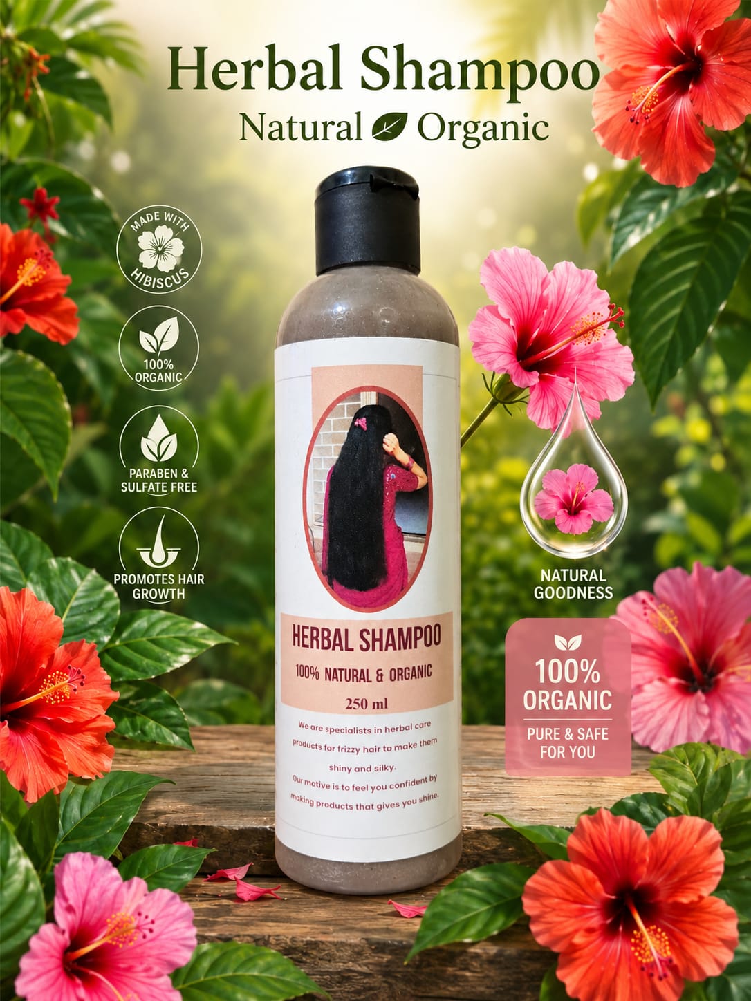 A bottle of herbal shampoo centered on a rustic wooden surface, surrounded by bright hibiscus flowers and green leaves. The label reads 'Herbal Shampoo 100% Natural & Organic' with a small photo of a woman on the bottle.